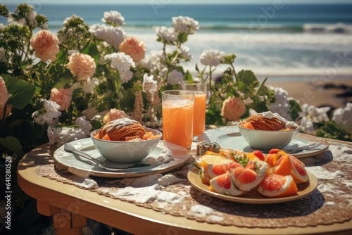 Healthy breakfast set with sea view on wooden table, AI Generated