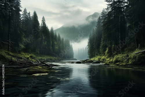 dark forest in the middle of a river and trees