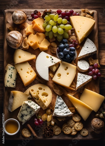 Cheeseboard with a varied selection of cheeses and fruit photo