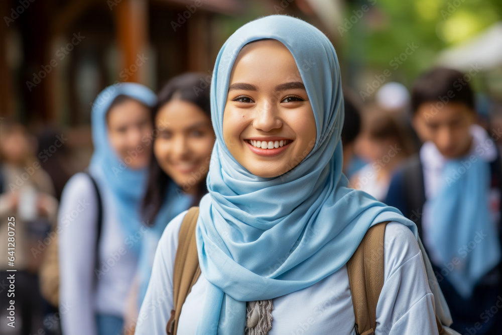 A Malaysian Muslim female university student smiles wearing a hijab