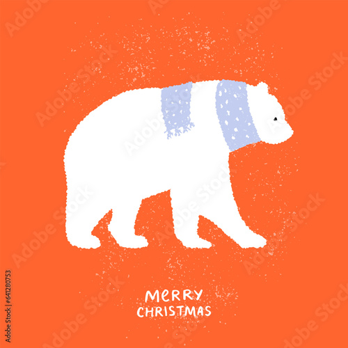 White polar bear in scarf on red greeting card, Christmas design, vector hand lettering inscription