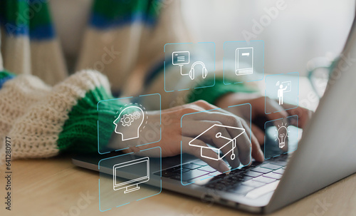 Human use laptop technology internet learning and study online class technology network, e-learning, online education, education, training, tutor, video lesson, course, knowledge in homeschool