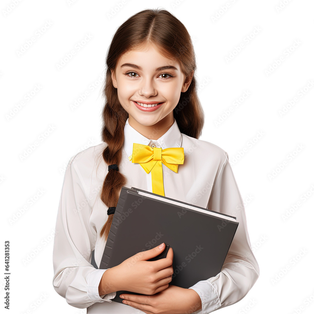 A happy schoolgirl in uniform holds books on a transparent background representing education and positive emotions A happy schoolgirl in uniform holds books on a transparent background representing education and positive emotions