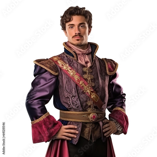 Halloween costumes -  Front view mid shot of Latin man dressed as fairytale prince isolated on white transparent background
