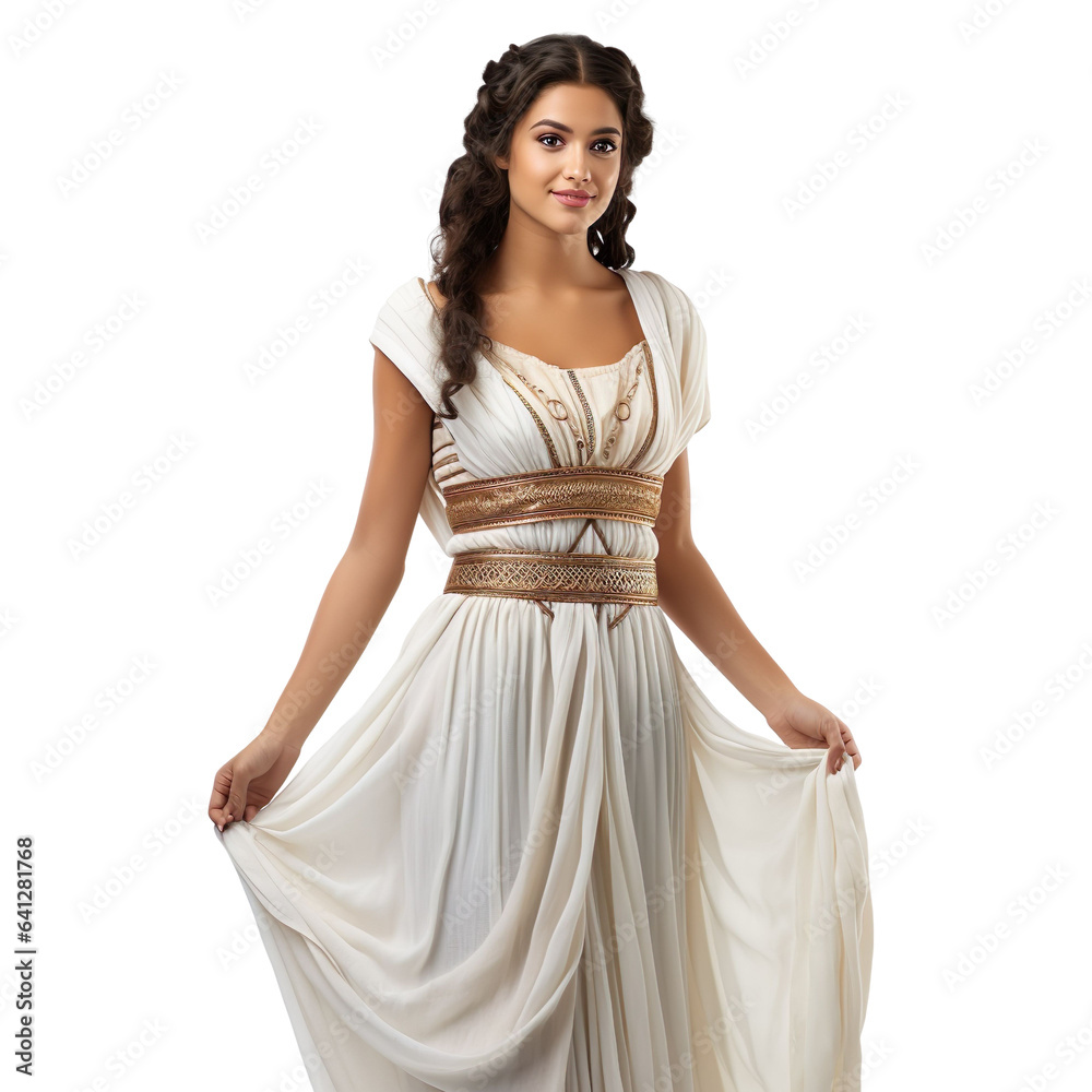 Halloween costumes -  Front view mid shot of Latin woman dressed as Greek god  isolated on white transparent background