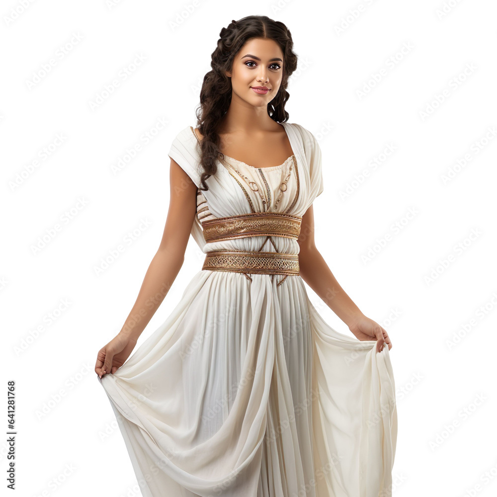 Halloween costumes - Front view mid shot of Latin woman dressed as Greek god isolated on white transparent background Halloween costumes - Front view mid shot of Latin woman dressed as Greek god isolated on white transparent background