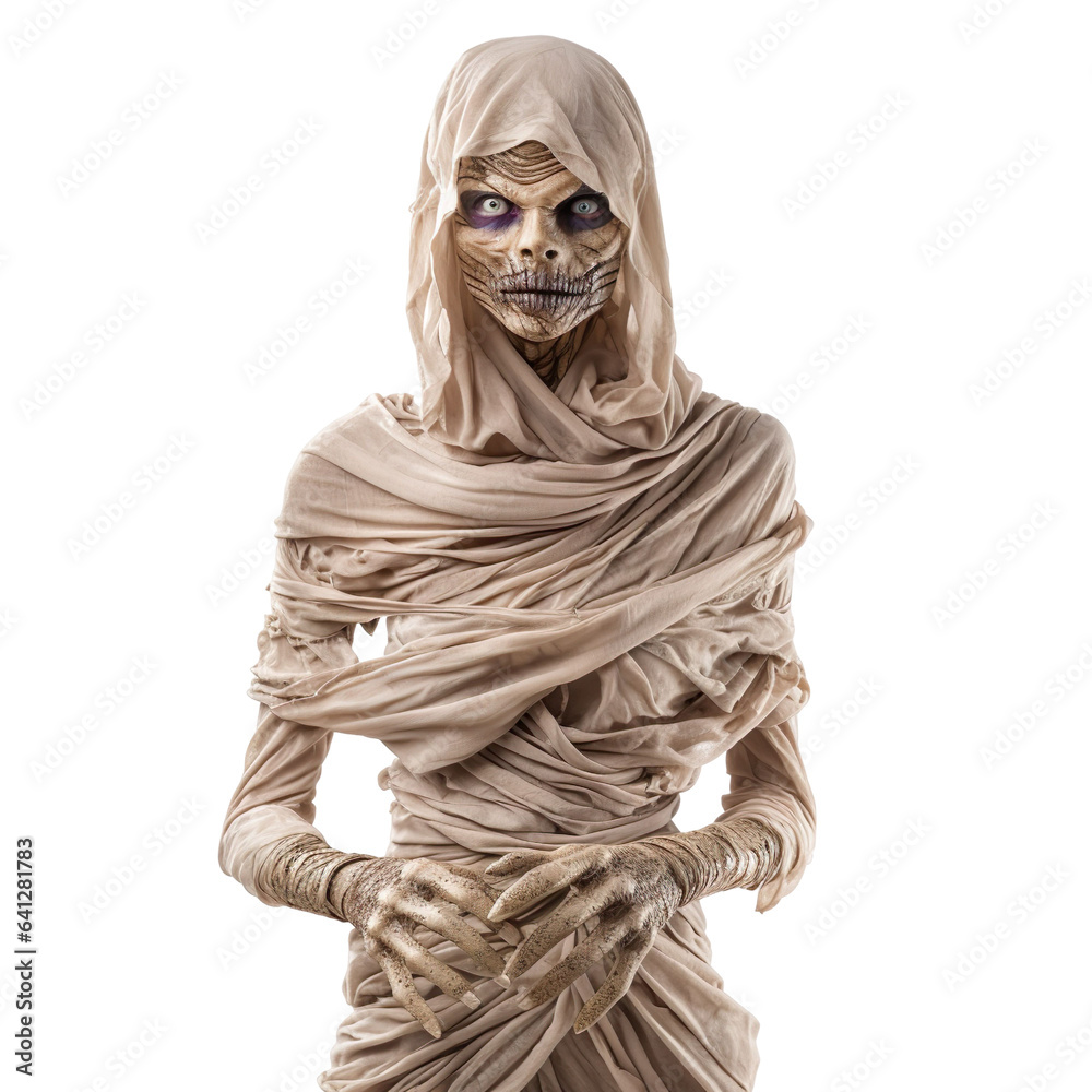 Halloween costumes - Front view mid shot of Latin woman dressed as mummy isolated on white transparent background Halloween costumes - Front view mid shot of Latin woman dressed as mummy isolated on white transparent background