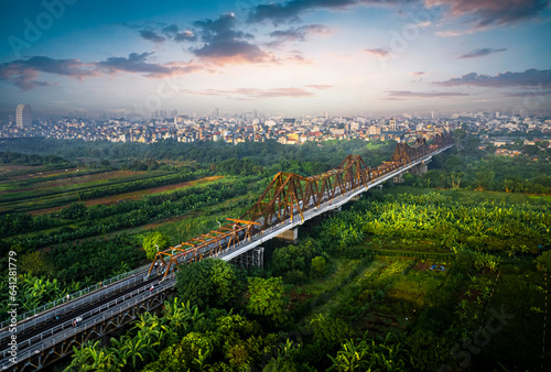 Sunrise on Long Bien bridge, Ha Noi capital, Vietnam. Photo taken on 15th August, 2023. 