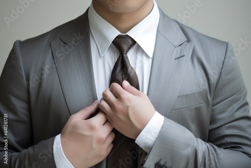 A businessman in a suit puts to tie a neck tie for work. Business concept suitable for work or company.