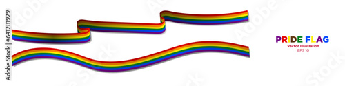3D Realistic Rainbow Pride Flag Ribbons with shadows. Long Horizontal Rainbow Pride Flag Bands. Curled and rendered in perspective. Graphic Resource. Editable Vector Illustration. 