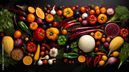 Panorama from many different vegetables. Healthy eating vegan food concept image.