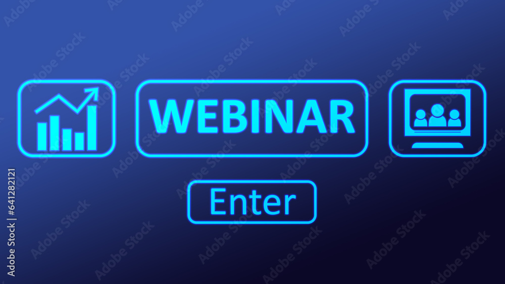 Online webinar. Web page with different icons and Enter button on blue background Online webinar. Web page with different icons and Enter button on blue background