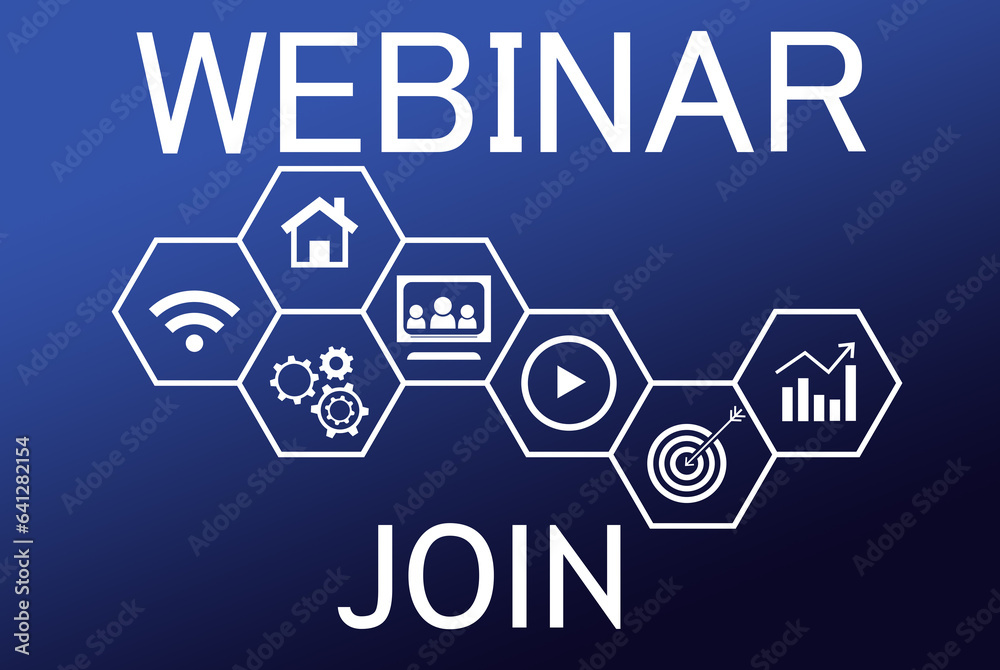 Online webinar. Web page interface with word Join and different icons on blue background Online webinar. Web page interface with word Join and different icons on blue background