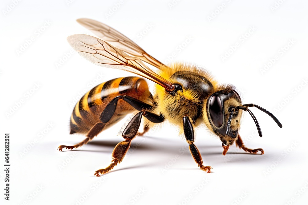 Tiny aviator. Exploring world of bees. Insect elegance. Macro view of honeybee. Nature pollinator. Bee on white background isolated