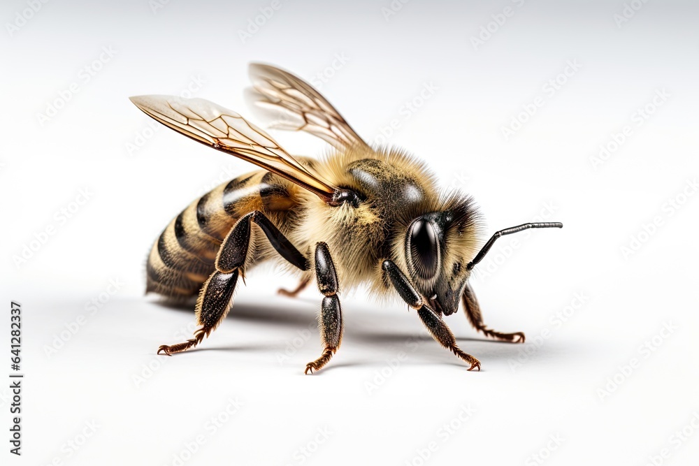 Tiny aviator. Exploring world of bees. Insect elegance. Macro view of honeybee. Nature pollinator. Bee on white background isolated Tiny aviator. Exploring world of bees. Insect elegance. Macro view of honeybee. Nature pollinator. Bee on white background isolated