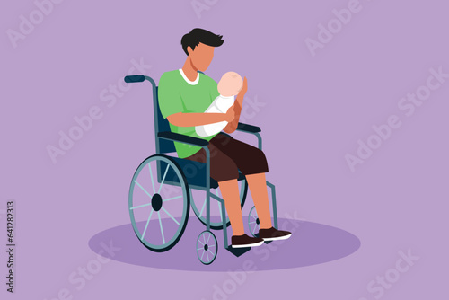 Graphic flat design drawing parents with newborn baby. Happy male hold baby, sitting in wheelchair. Disabled father man holding baby in his arms. Family love concept. Cartoon style vector illustration