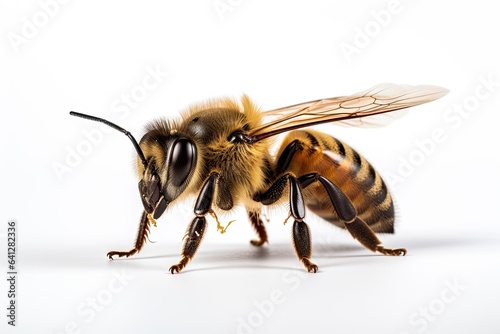 Tiny aviator. Exploring world of bees. Insect elegance. Macro view of honeybee. Nature pollinator. Bee on white background isolated © Wuttichai