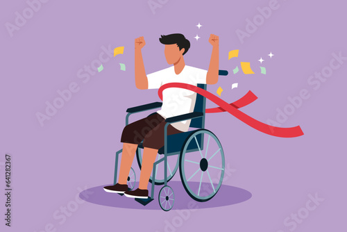 Graphic flat design drawing sporty man in wheelchair crossing finish line ribbon win competition. Happy winner, success champion. Society, disabled people community. Cartoon style vector illustration