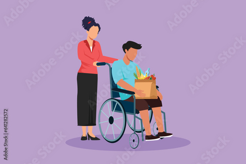 Cartoon flat style drawing social worker helping old man on wheelchair with grocery shopping. Female volunteer caring and walking with disabled senior male to store. Graphic design vector illustration