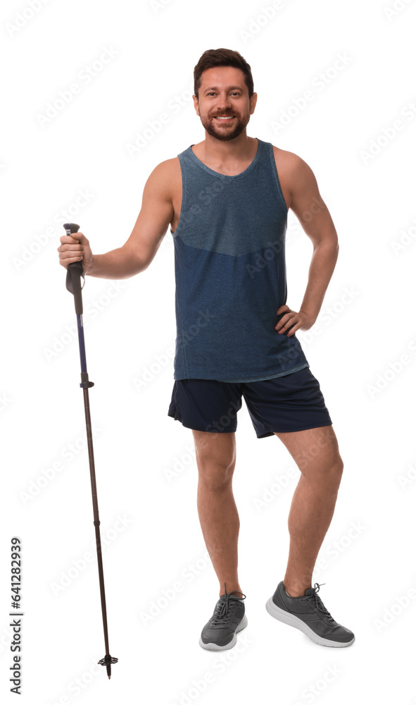Man with pole for Nordic walking isolated on white