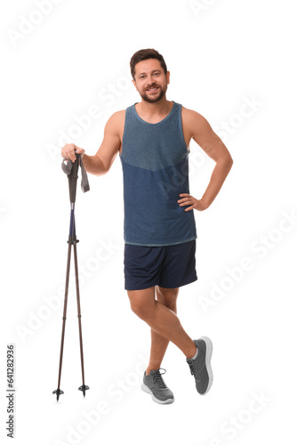 Man with poles for Nordic walking isolated on white