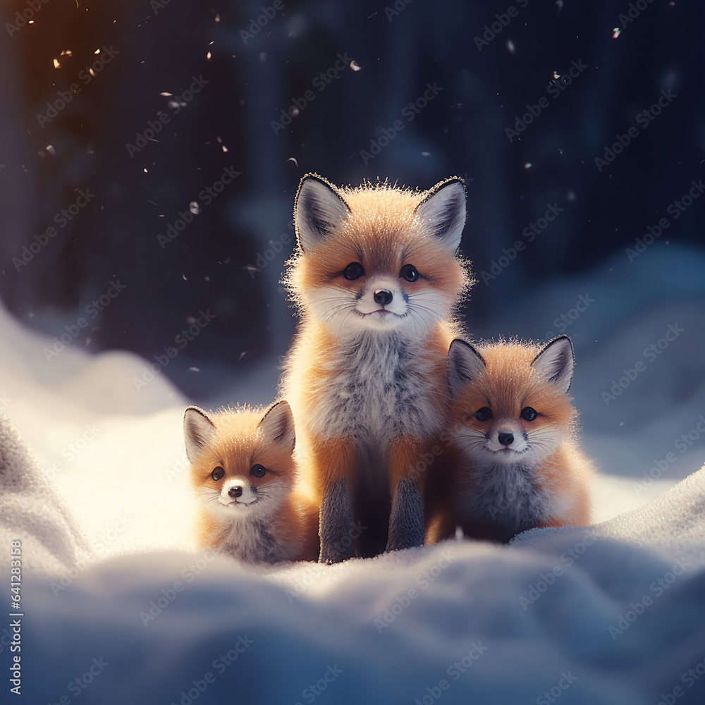 A small group of tiny and cute foxes in the high-res snow Generative AI