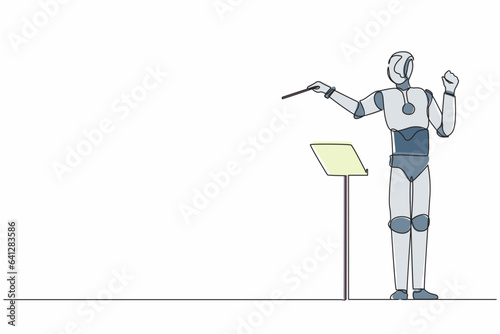 Single continuous line drawing expressive robot conductor directs music orchestra. Modern robotic artificial intelligence. Electronic technology industry. One line graphic design vector illustration