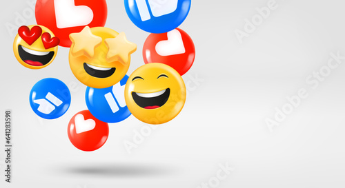 Thumb ups, hearts and smiling emojis falling down. 3d vector banner with copy space