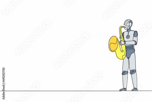 Single one line drawing robot saxophonist perform in festival jazz music. Future technology development. Artificial intelligence and machine learning. Continuous line draw design vector illustration