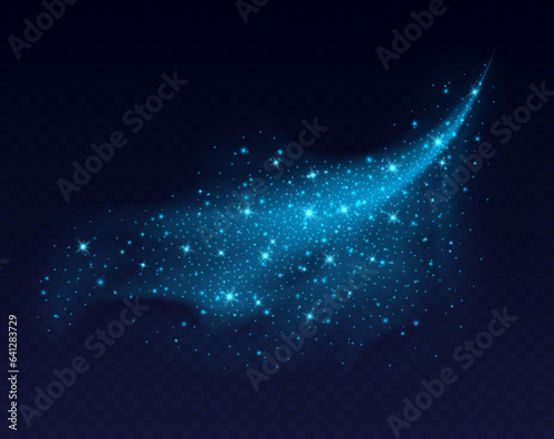 Blue dust cloud with sparkles isolated on dark background. Stardust sparkling background. Glowing glitter smoke or splash. Vector illustration. Christmas decoration.