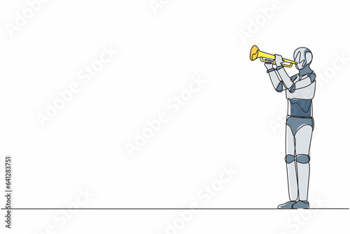 Single one line drawing robot playing trumpet at jazz music orchestra. Future technology development. Artificial intelligence and machine learning processes. Continuous line design vector illustration
