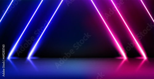 Empty product showcase and shining neon projectors. 3d vector illustration