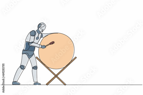 Single continuous line drawing robot hitting traditional drum in Islamic music festival. Robot artificial intelligence. Electronic technology industry. One line draw graphic design vector illustration