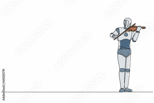Continuous one line drawing robot musician playing violin classic musical instrument. Humanoid robot cybernetic organism. Future robotic development. Single line design vector graphic illustration