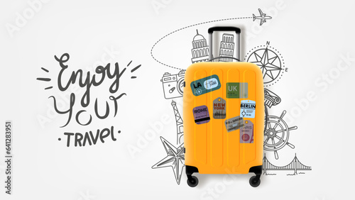 Enjoy your travel concept with suitcase and doodle elements. Vector banner with lettering text