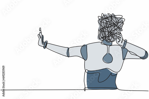 Single continuous line drawing robot with round scribbles instead of head, stop gesture. Robot covering eyes with hand, fear, expression. Artificial intelligence. One line design vector illustration