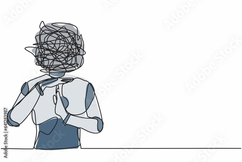 Single continuous line drawing robot with round scribbles instead of head. Stop working, time break gesture, timeout signal. Pause. Robotic artificial intelligence. One line design vector illustration