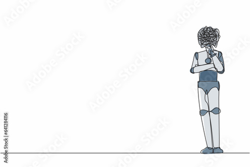 Single one line drawing robot with round scribbles instead of head, standing holding chin, thinking, and finding answer. Humanoid robot cybernetic organism. Continuous line design vector illustration