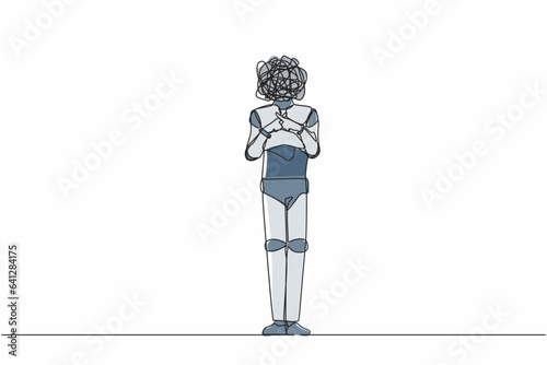 Single one line drawing robot with round scribbles instead of head, standing with crossing fingers forming x. Banned. Say no. Humanoid robot cybernetic. Continuous line draw design vector illustration