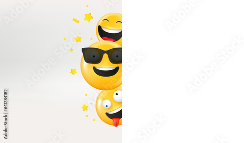 Cute happy emojis looking on you. Holiday concept. 3d vector illustration with copy space