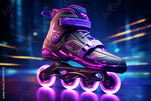 Generative ai retro inline neon roller skates in cyberpunk futuristic background