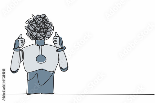 Continuous one line drawing robot with round scribbles instead of head. Confused robot showing thumb up. Deal, like, agree. Robotic artificial intelligence. Single line draw design vector illustration