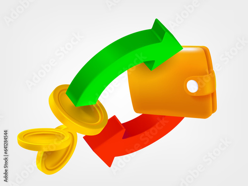 Two arrow in the circle with coins and wallet. Cashback concept. 3d vector icons isolated on white background