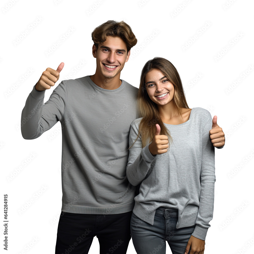 Happy young couple hugging thumbs up gray wall Happy young couple hugging thumbs up gray wall