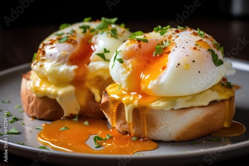 Eggs Benedict- toasted English muffins, poached eggs, and delicious buttery hollandaise sauce. AI Generated photo