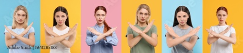 Women showing stop gesture on different color backgrounds. Collage with photos