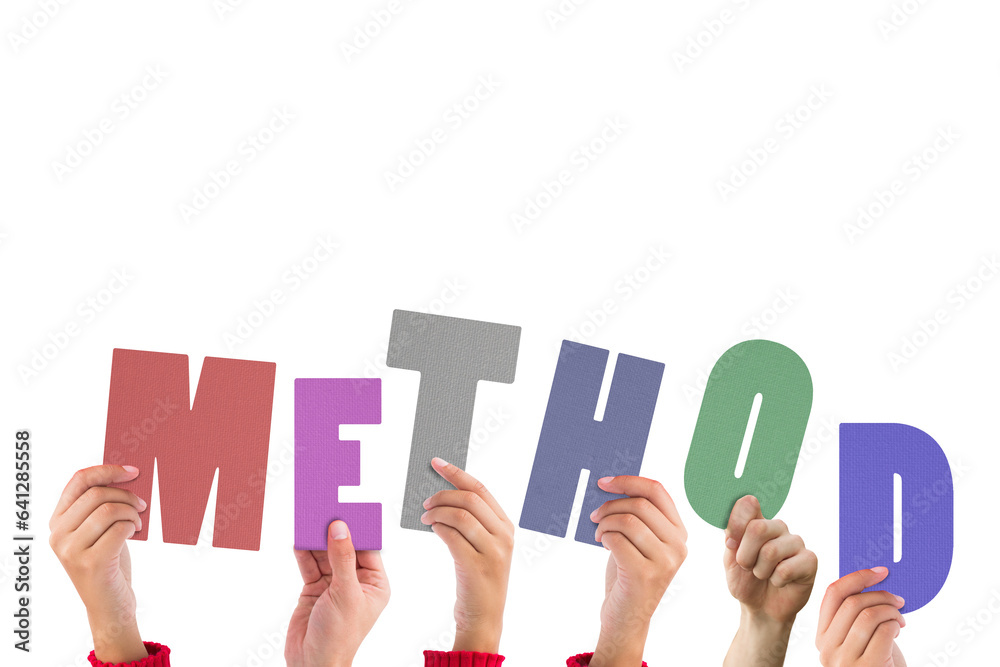 Digital png illustration of hands holding method text on transparent background