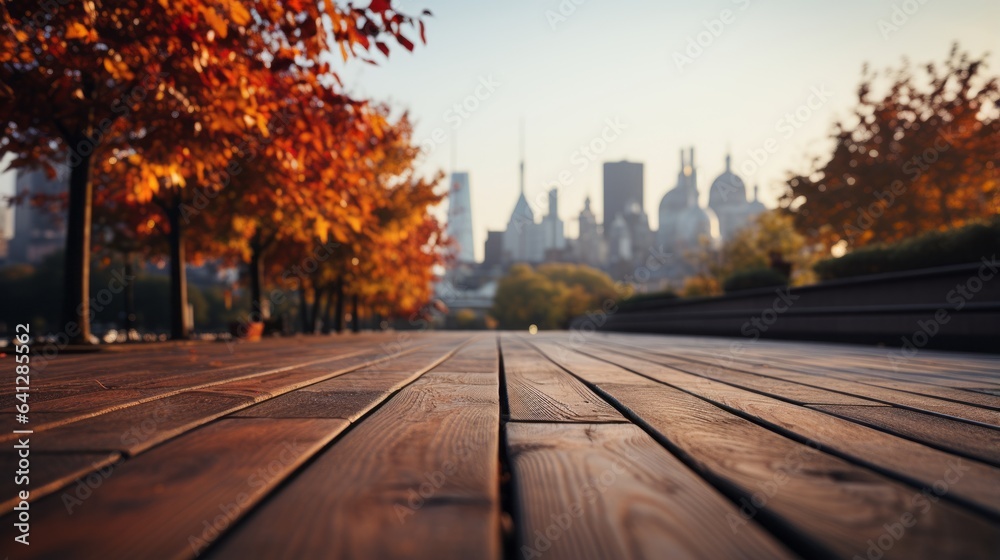 Urban Autumn Vibe Captured on Wooden Table Surface. Urban Autumn Vibe Captured on Wooden Table Surface.