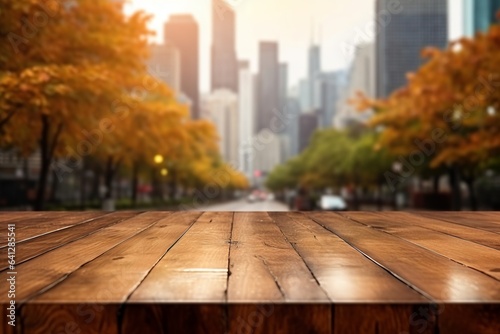 Autumn Business District View Through Wooden Tabletop.