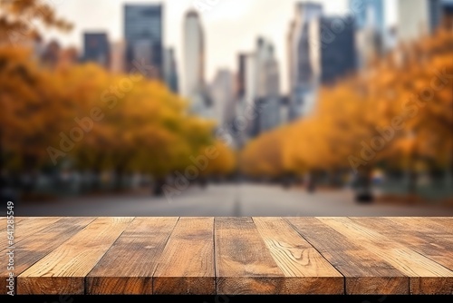 Autumn Business District View Through Wooden Tabletop.